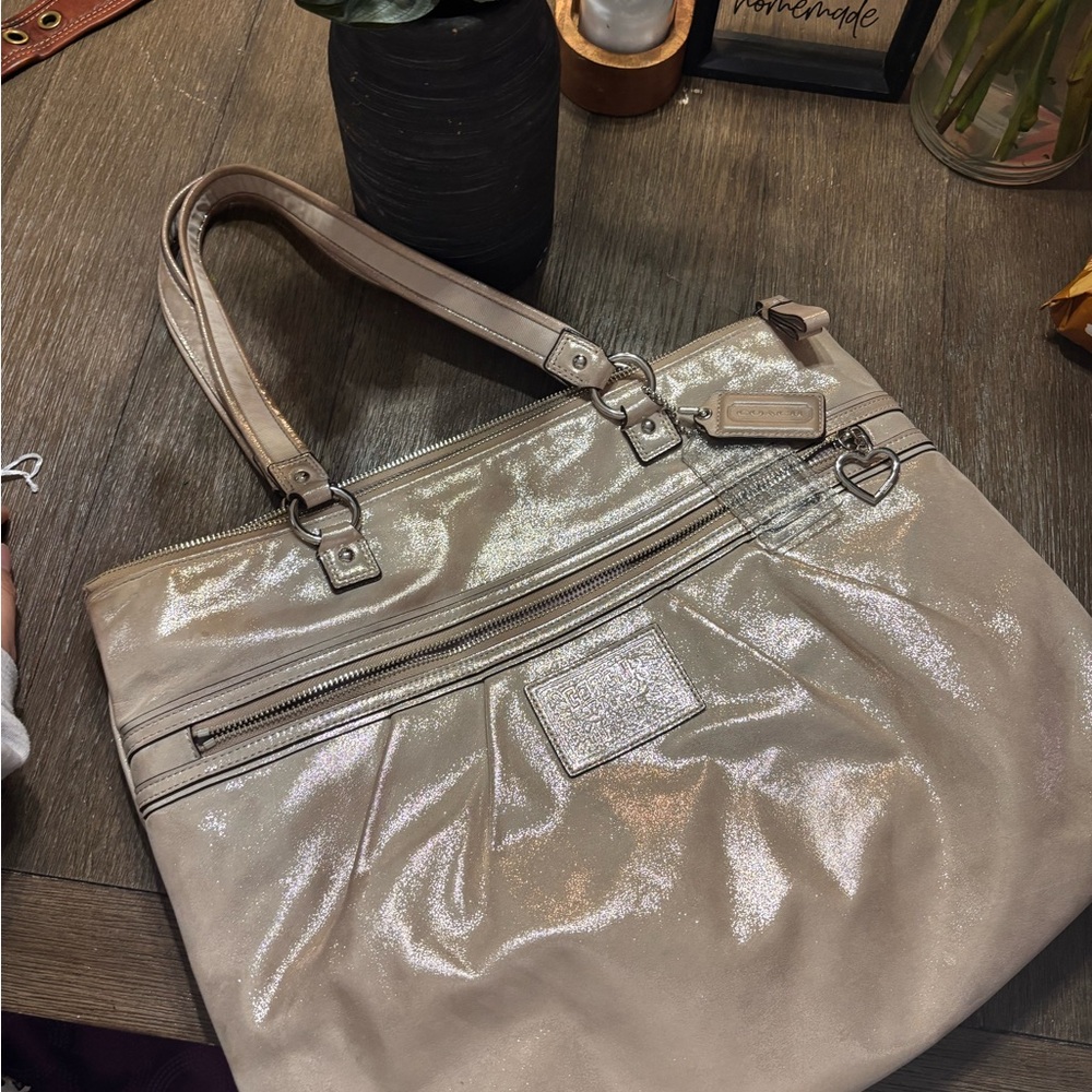 Coach Shimmering Metallic Tote - Silver